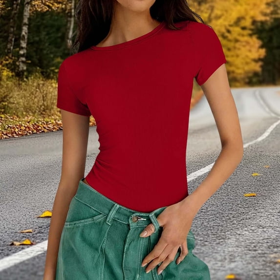 Casual Ribbed Knit Slim Fit Short Sleeve Tee for Women Solid Crew Neck Basic T-Shirt Daily Wear SummerRedM
