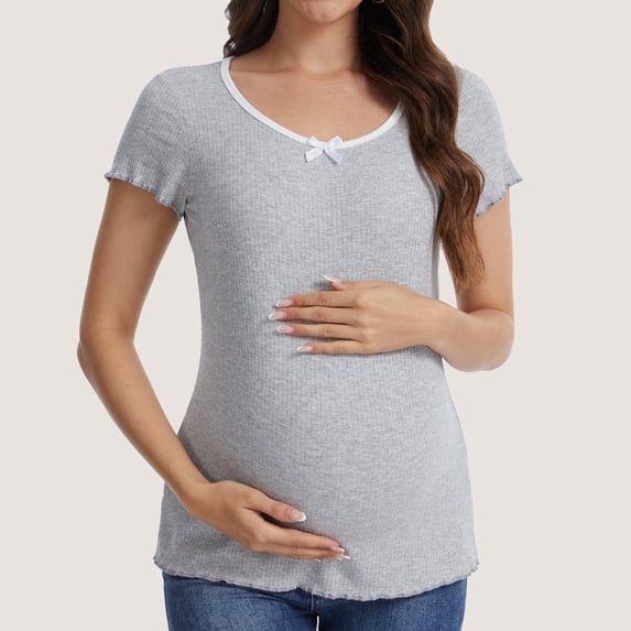 Casual Ribbed Scoop Neck Short Sleeve Maternity Top