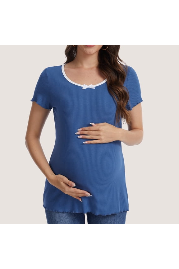 Casual Ribbed Scoop Neck Short Sleeve Maternity Top