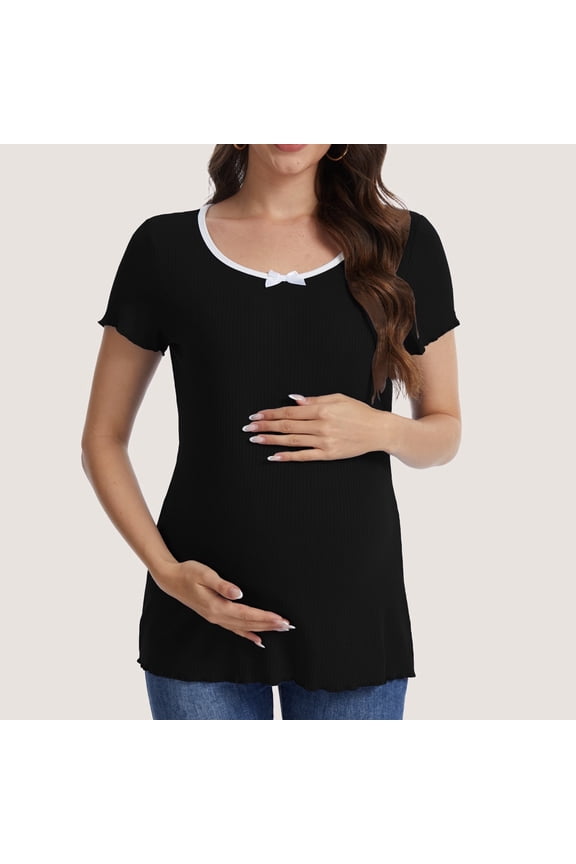 Casual Ribbed Scoop Neck Short Sleeve Maternity Top