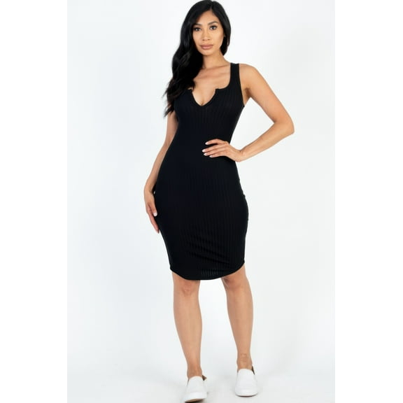 Casual Ribbed Split Neck Bodycon Dress