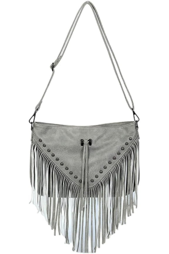Casual Rivets Fringed Shoulder Handbag for Women,Soft Vegan Leather Hippie Crossbody Purse Bag Hobo Bag