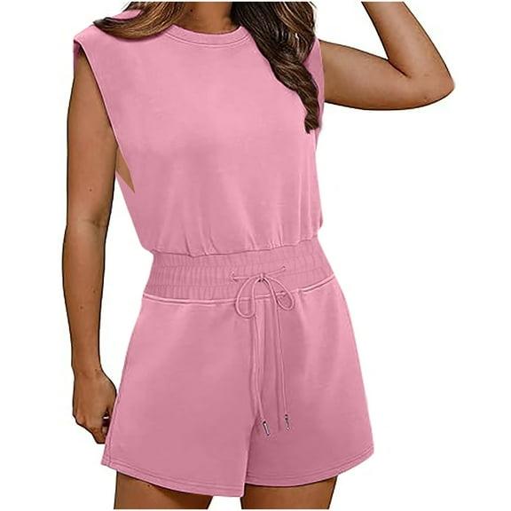 Casual Romper for Women Summer Cutout Back Smocked Waist Short Jumpsuit with Pocket Slimming Cap Sleeve Athletic Outfits, Pink, L