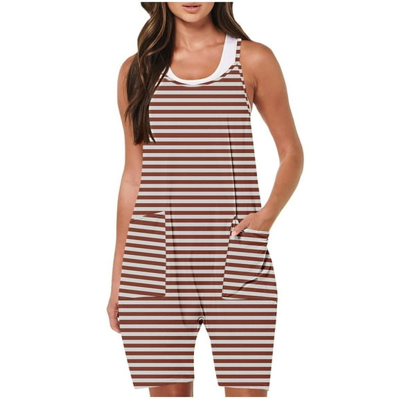 Casual Romper for Women Summer Daily Spaghetti Strap Strip Print Short Jumpsuit with Pocket Loose Straight Leg Outfits, Coffee, L