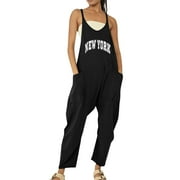 BSYOUFIER Casual Rompers for Women Clearance Deals Summer Women Casual Sleeveless Floral Print Strap Loose Jumpsuits Overalls Long Romper With Pockets , Black Jumpsuit for Women Dressy , Rompers for Women Blac