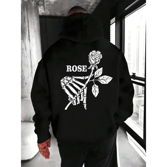 Casual Rose Print Loose Fit Classic Round Neck Pullover Soft Winter Hoodie Shirt for Men & Women, up to Size 5XL