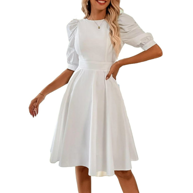 Casual Round Neck A Line Dress Elbow-Length White Women's Dresses (Women's)  XS 