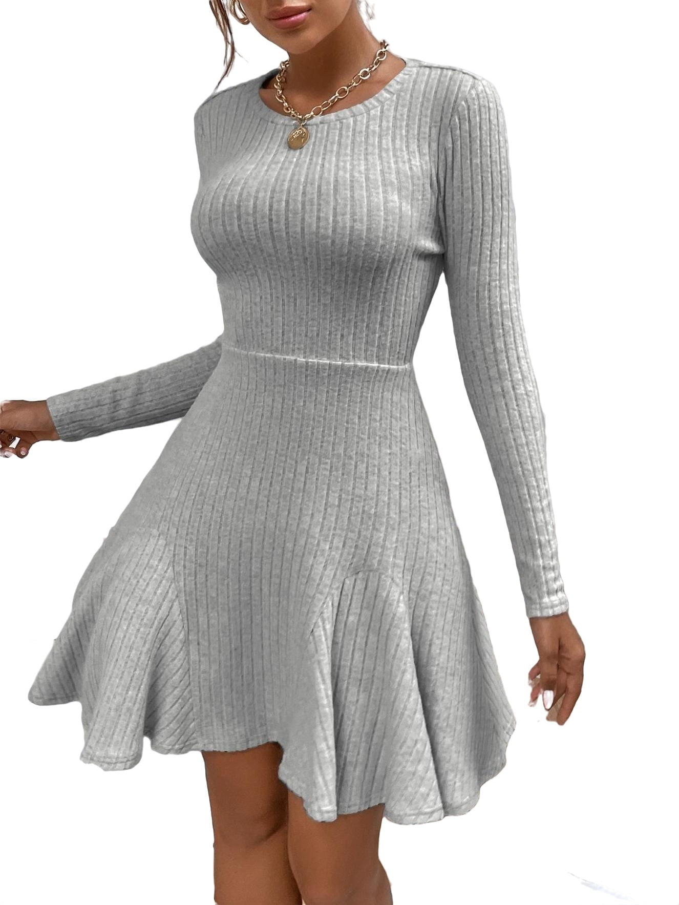 Casual Round Neck A Line Dress Long Sleeve Light Grey Women s Dresses Women s L Walmart