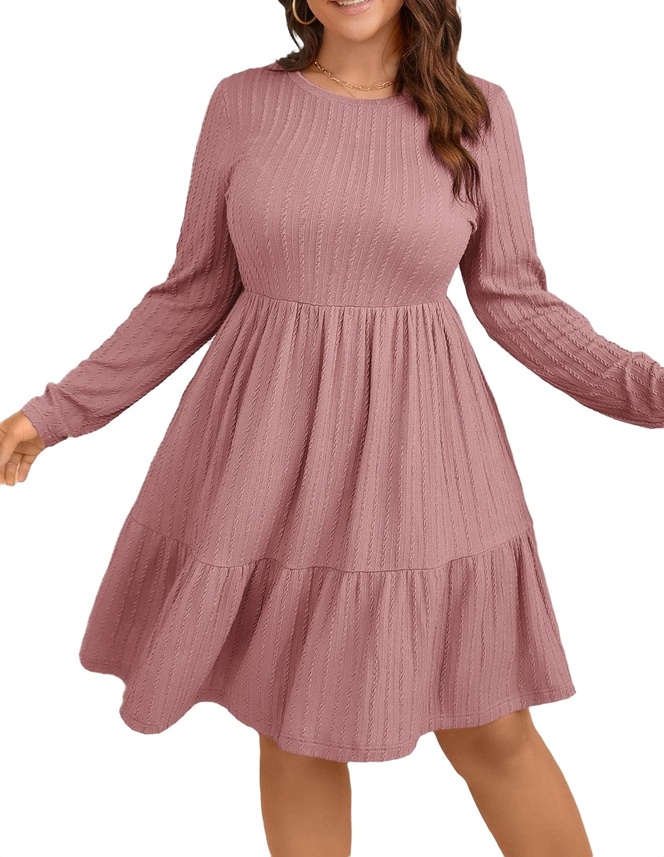 Casual Round Neck A Line Long Sleeve Dusty Pink Plus Size Dresses Women s