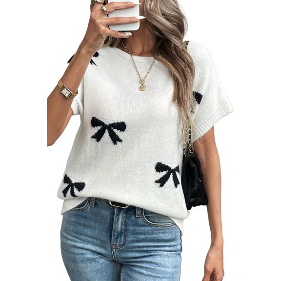 Casual Round Neck Black Sweater for Daily Wear - Bow Pattern Design | [ZhiHiMeRi] | (US 4-6)S