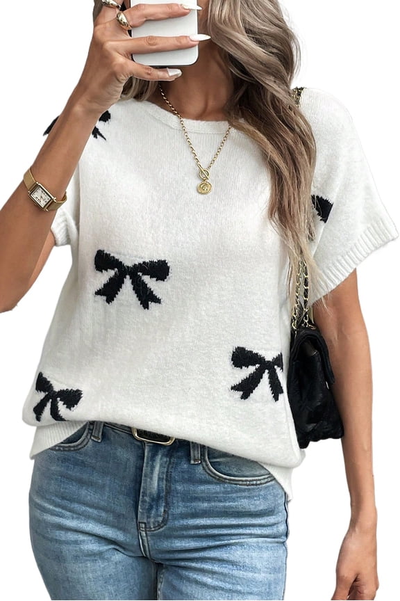 Casual Round Neck Black Sweater for Daily Wear - Bow Pattern Design | [ZhiHiMeRi] | (US 4-6)S