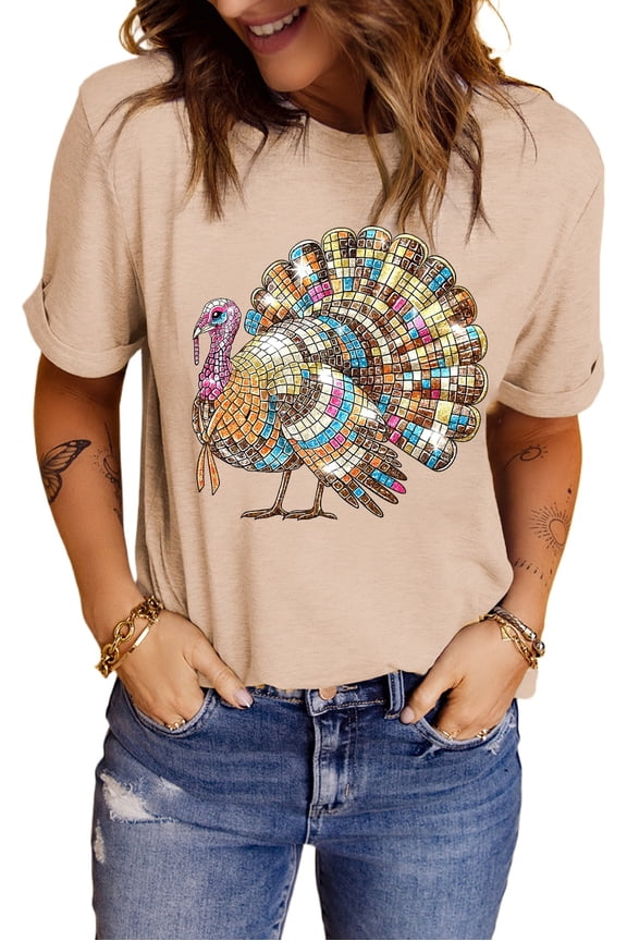 Casual Round Neck Graphic Tee - Eye-Catching Turkey Design for Thanksgiving | [ZhiHiMeRi] | (US 4-6)S