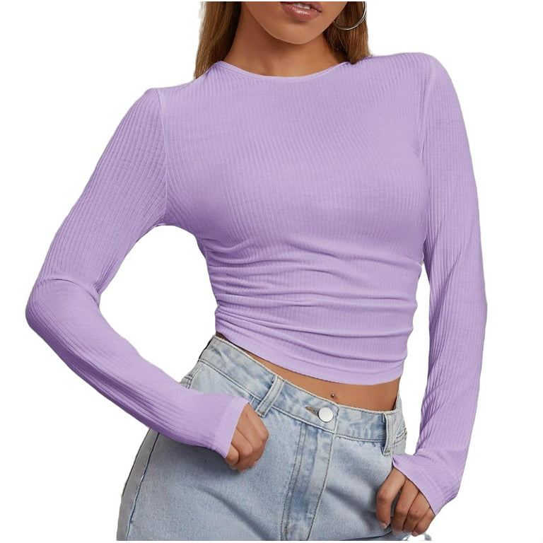 Casual Round Neck Long T-Shirts Womens Lilac Purple (Women\'s) Sleeve