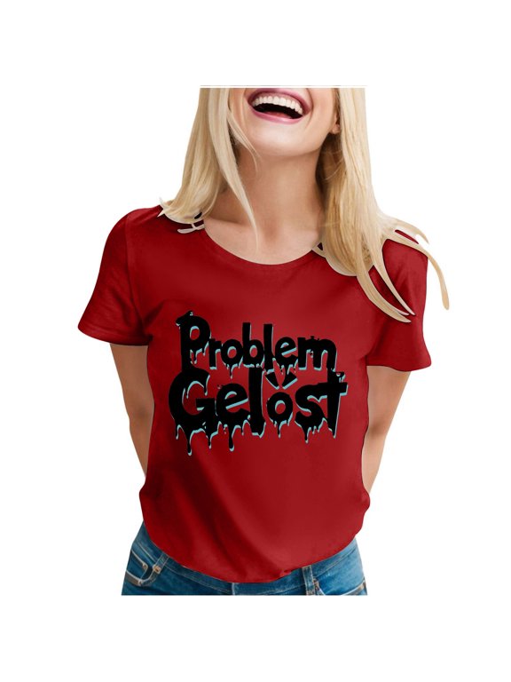Casual Round Neck Short Sleeve Letter Print T Shirt For Women Daily Wear Spring Summer, S, Red