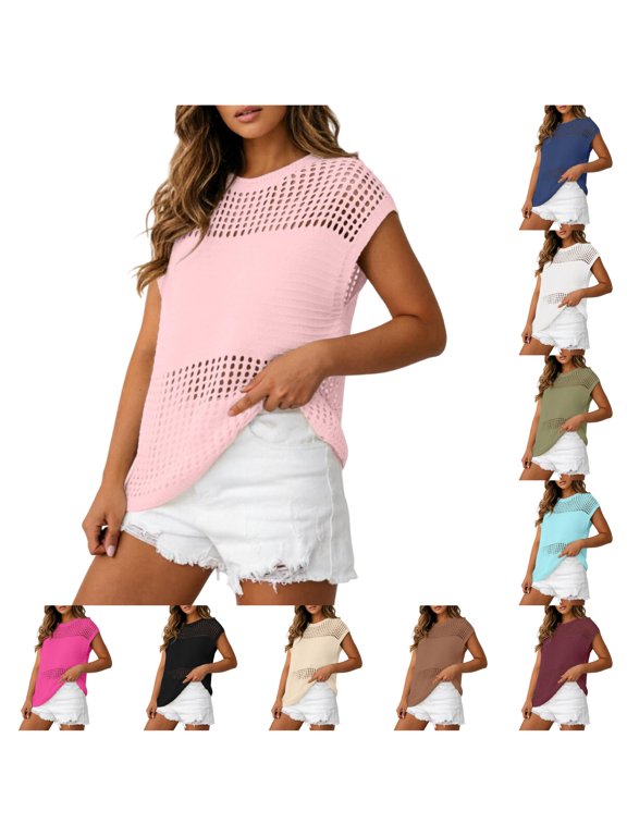 Casual Round Neck Short Sleeve Mesh Hollow Out Knit Pullover Sweater for Everyday Use and Wardrobe, RD2, XXL
