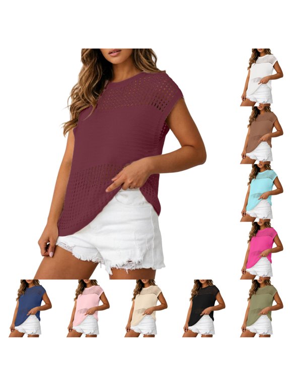 Casual Round Neck Short Sleeve Mesh Hollow Out Knit Pullover Sweater for Everyday Use and Wardrobe, RD3, XXL