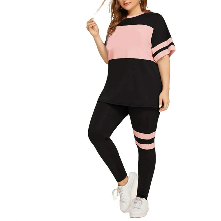 Casual Round Neck Short Sleeve Multicolor Top Leggings Set Women s Plus Walmart