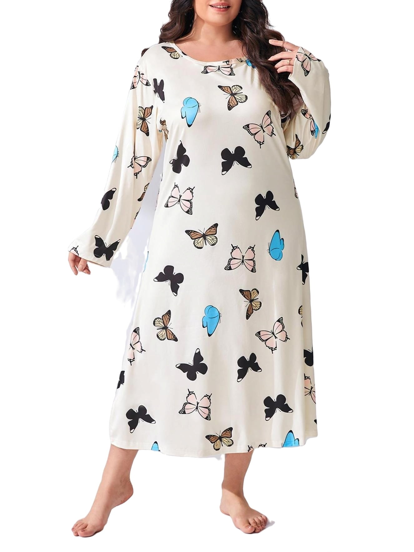 Casual Round Neck Sleepshirts Long Sleeve Beige Plus Size Nightgowns ...