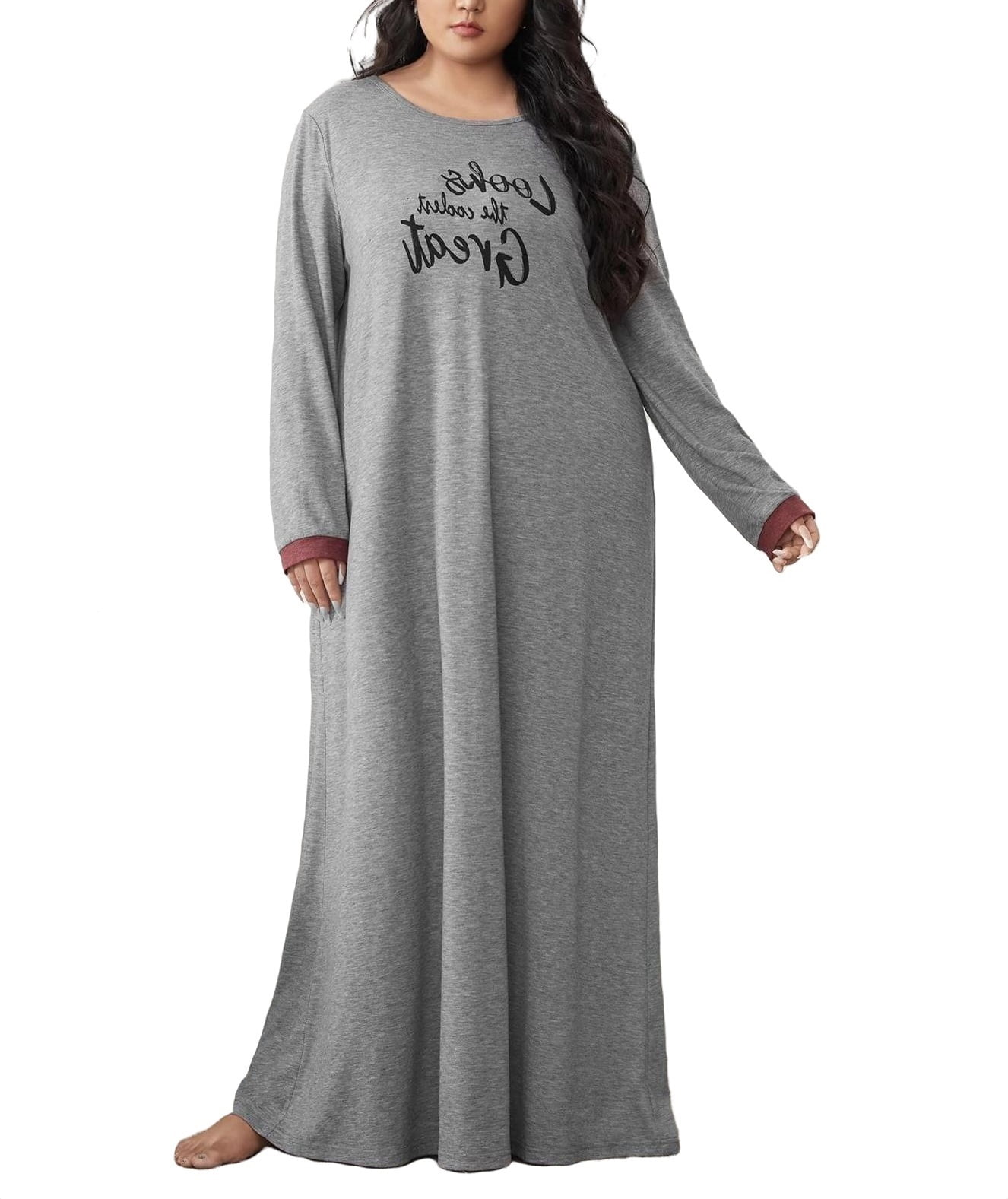 Casual Round Neck Sleepshirts Long Sleeve Grey Plus Size Nightgowns ...