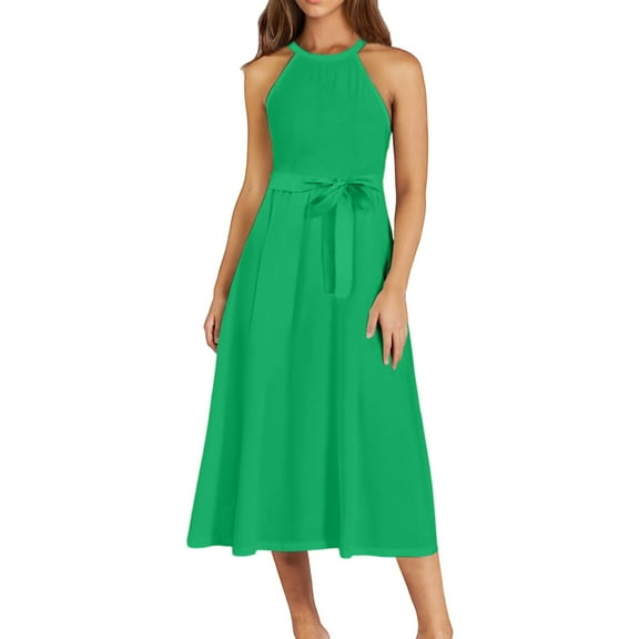 Casual Round Neck Sleeveless Mini Dress Solid Color Stretchy Knit Summer Dress with Ruffle Hem for Clubwear and Daily Use,Green S