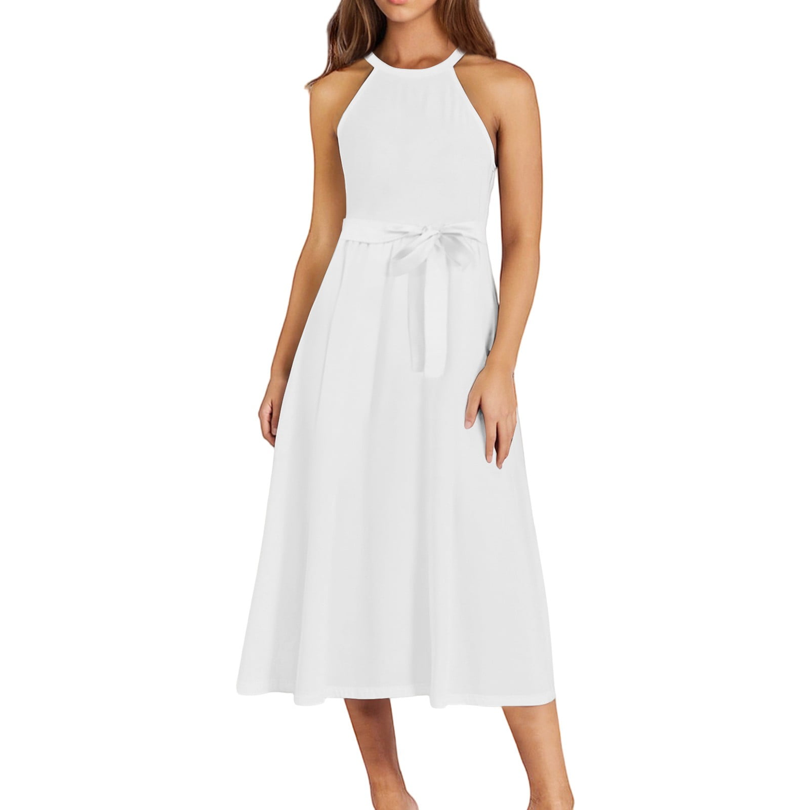 Solid round neck sleeveless mini dress
