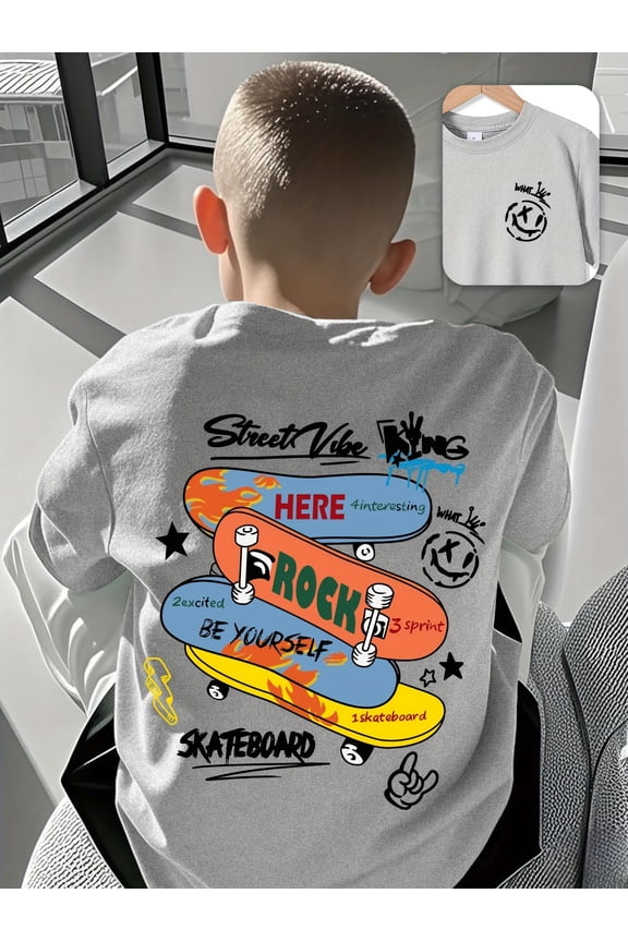 Casual Round-Neck T-Shirt for Tween Boys with Street Vibe Skateboard Graphic, Perfect for 8-12Y Kids Summer