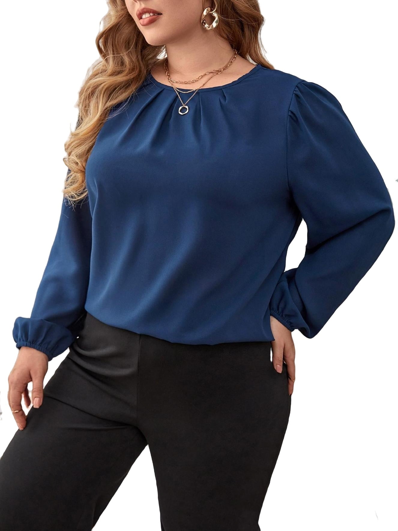 Casual Round Neck Top Long Sleeve Navy Blue Plus Size Blouses Women s Walmart