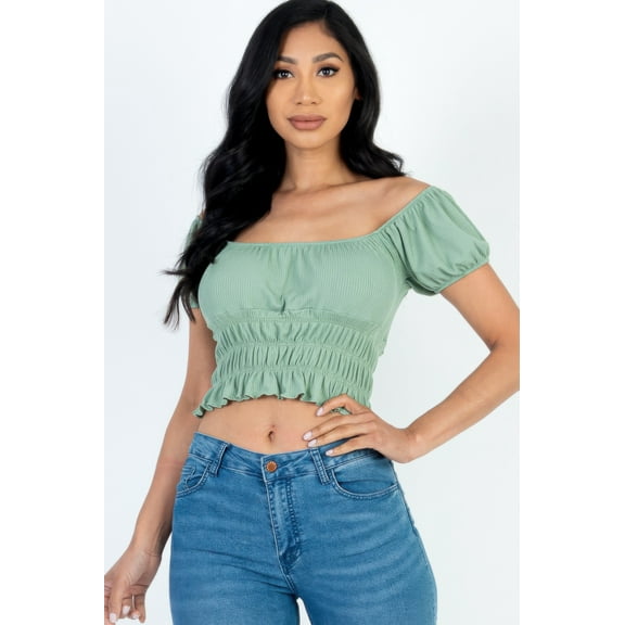 Casual Ruched Puff Sleeve Ribbed Knit Solid Top