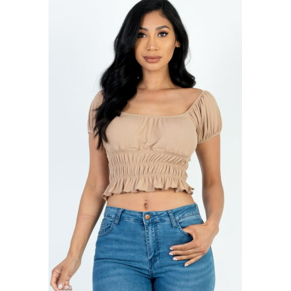 Casual Ruched Puff Sleeve Ribbed Knit Solid Top