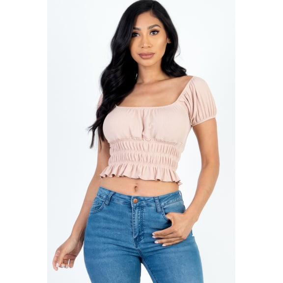 Casual Ruched Puff Sleeve Ribbed Knit Solid Top