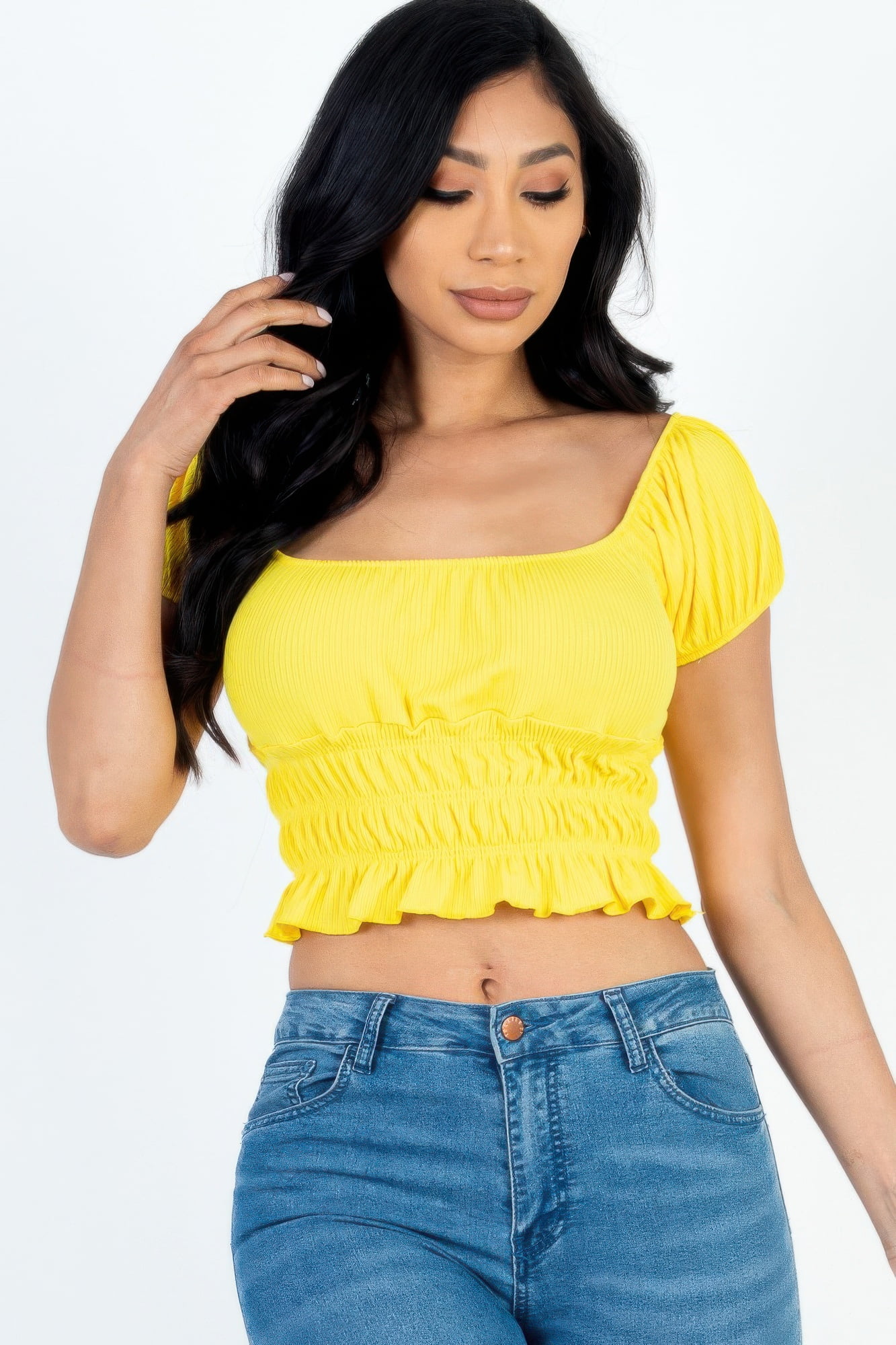 Casual Ruched Puff Sleeve Ribbed Knit Solid Top - Walmart.com