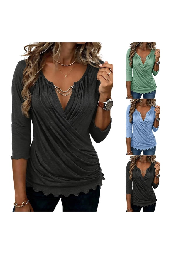 Casual Ruched V Neck Tops for Women 3/4 Sleeve Cross Front Scalloped Hem Slim Fit Dressy Blouses for Leggings, #03 Black, L