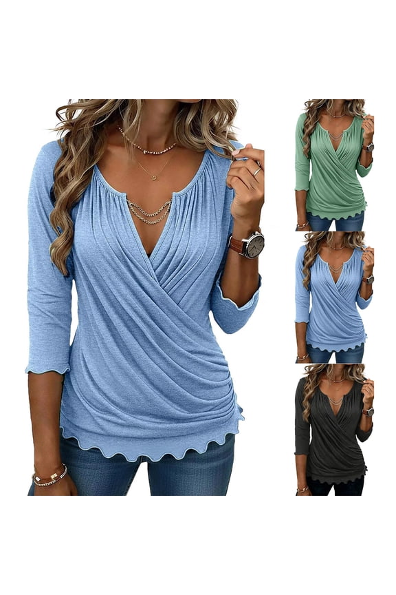 Casual Ruched V Neck Tops for Women 3/4 Sleeve Cross Front Scalloped Hem Slim Fit Dressy Blouses for Leggings, #03 Blue, S