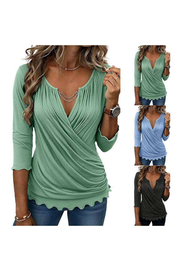Casual Ruched V Neck Tops for Women 3/4 Sleeve Cross Front Scalloped Hem Slim Fit Dressy Blouses for Leggings, #03 Mint Green, XL