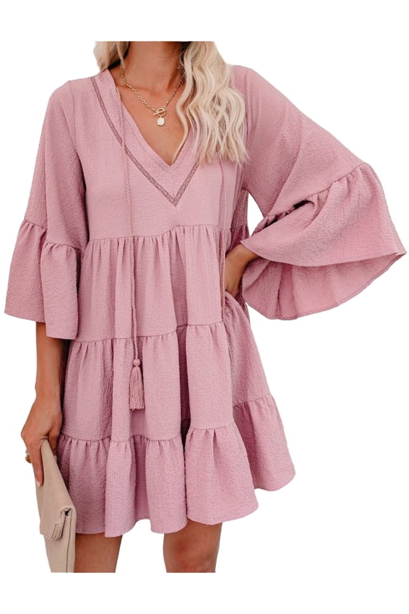 Casual Ruffle Dress for Women Bell Sleeve V Neck Fringe A-line Babydoll Loose Shift Dresses, Green, Large