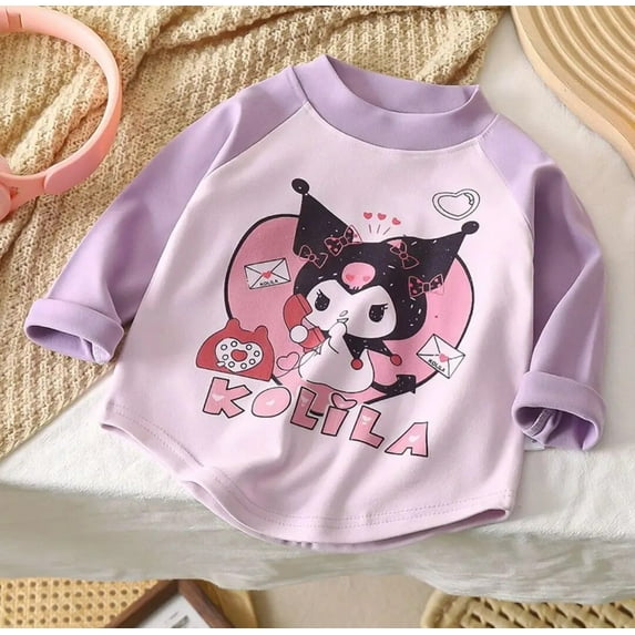 Casual Sanrio Kuromi Cinnamoroll Children's Long Sleeved T-shirt Top Velvet Round Neck Sweater New Cartoon My Melody Homewear
