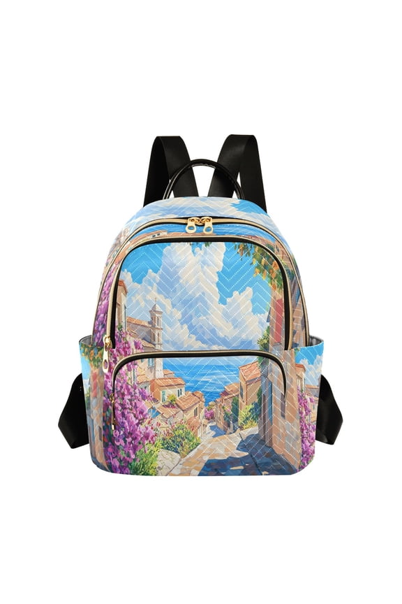 Casual Scenic Coastal Village Painting Backpack for School,College and Travel, Water Resistant Bookbag,