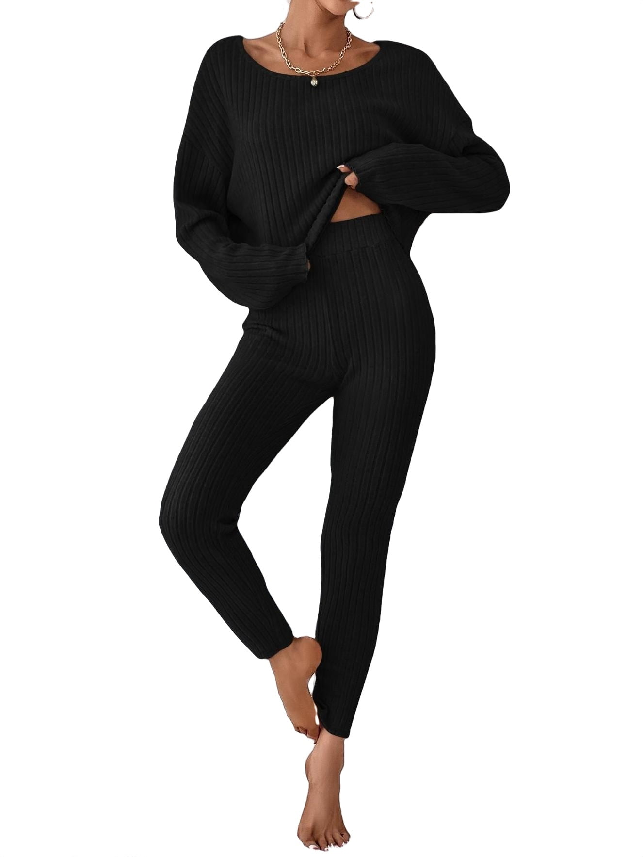 Casual Scoop Neck Long Sleeve Black Womens Tee & Leggings Set (Women's)