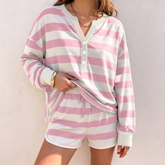 Casual Sets Striped for Womens 2 Piece Long Sleeve Henley V Neck Top and Shorts Fashion Lounge Set Outfits Pink M