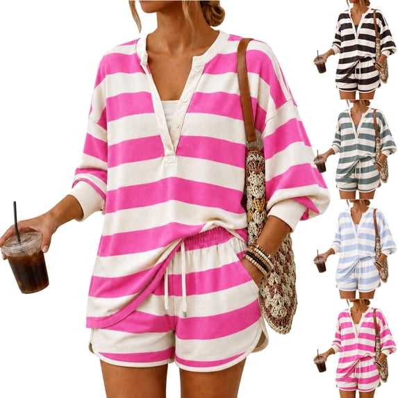 Casual Sets Striped for Womens 2 Piece Long Sleeve Henley V Neck Top and Shorts Fashion Lounge Set Outfits Pink M