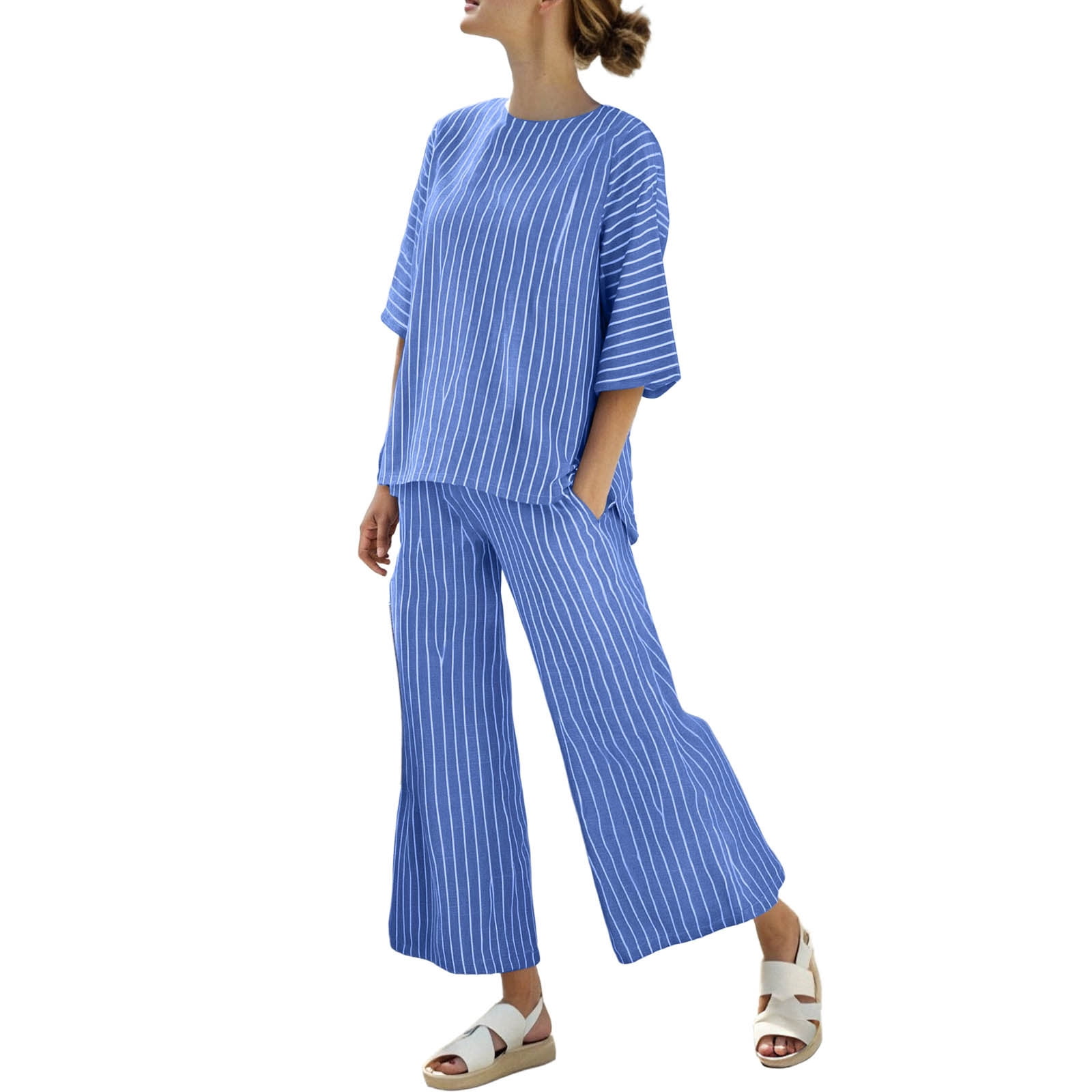 Two Piece Outfits Casual Lounge Sets Long Sleeve Stripes T-Shirt with Wide Leg Pants main image 1
