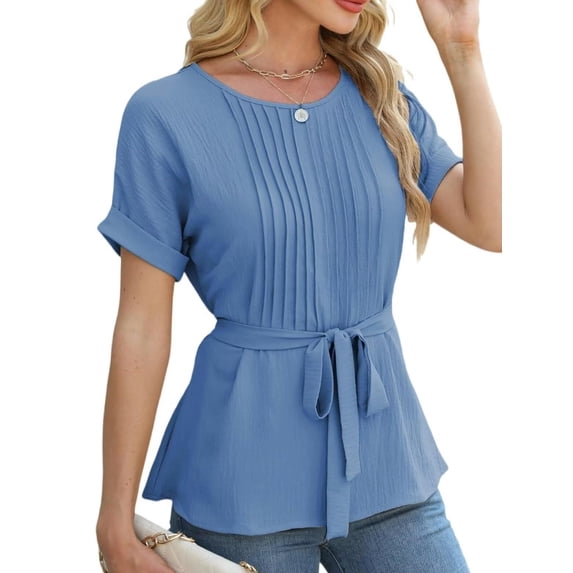 Casual Shirt Paired with Wrinkled Edge Wrinkled Round Neck Short Sleeve Top for Women