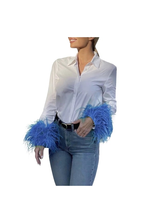 Casual Shirt for Women Fashion Solid Turndown Feather Long Sleeves Button Loose Couple Shirts,Blue,S