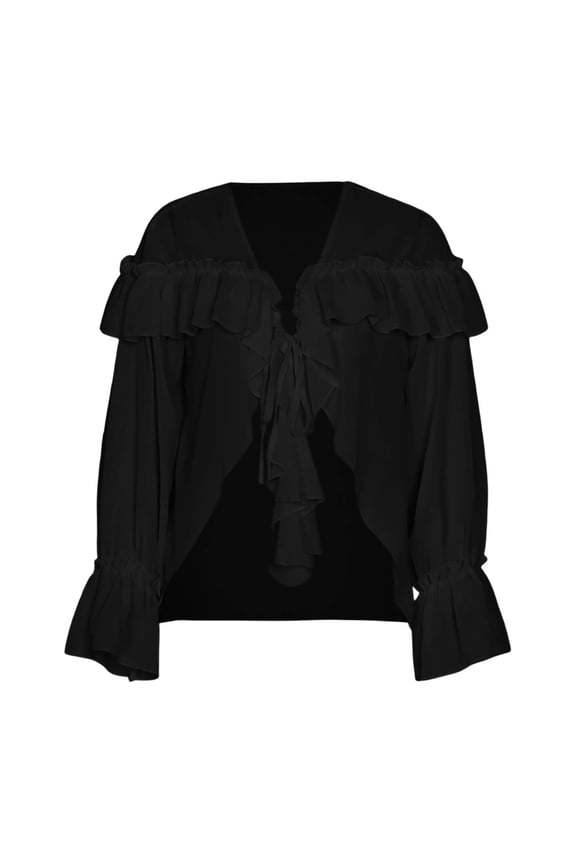 Casual Shirt for Women French Style Ruffle Detail Elegant Loose Neck Tie Front Summer Clothes for Womens,Black,M