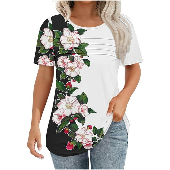Casual Shirts for Women Summer Short Sleeve T-Shirts Fashion Floral Prints Chest Pleated Blouses Lightweight Loose Round Neck Outdoor Beach Vacation Pullover Top