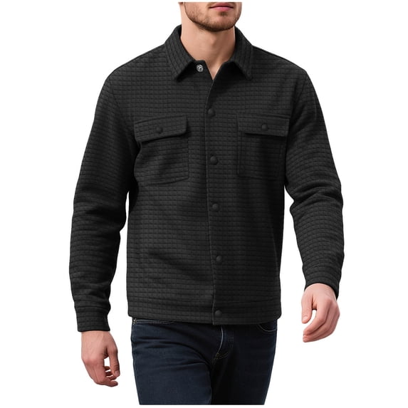 Casual Shirts for Men Long Sleeve Lapel Button Solid Color Waffle Shirt Jackets Stylish Lounge Cardigan with Pockets (L, Black)