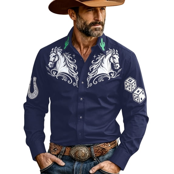 Casual Shirts for Mens Long Sleeve Denim Western Style Button Comfort Modern Summer Tops,Navy,XL