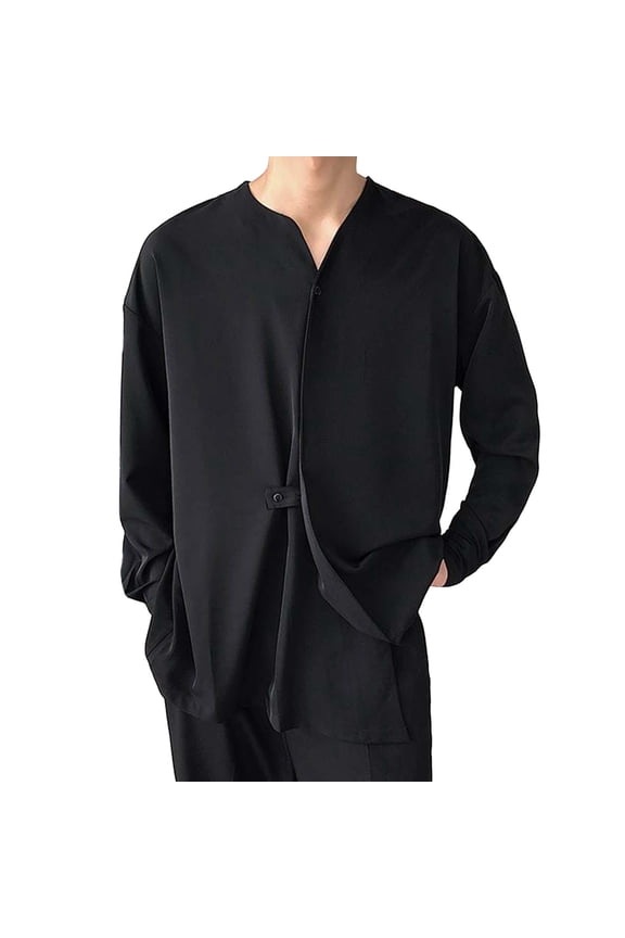 Casual Shirts for Mens Loose Irregular Collarless Long Sleeve Mens Rugby Shirt,Black,L
