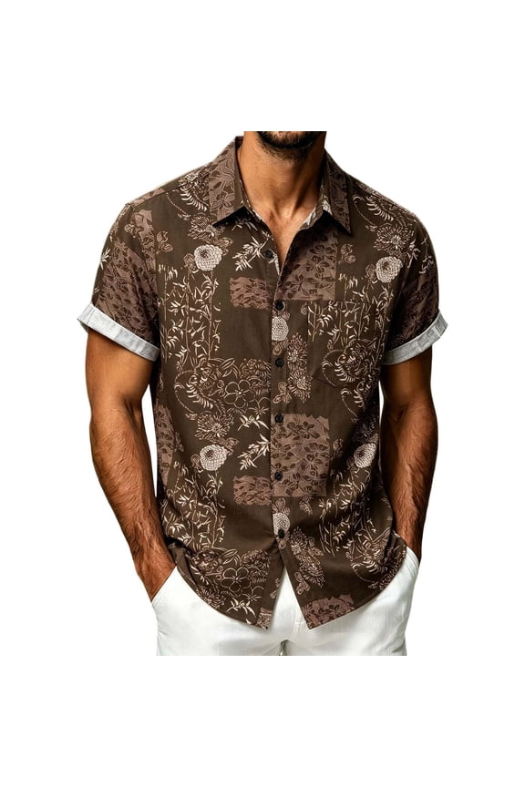 Casual Shirts for Mens Print Style Button Up Classic Fit Jazzing Print Alternative Beach Essentials for Men,Brown,3XL