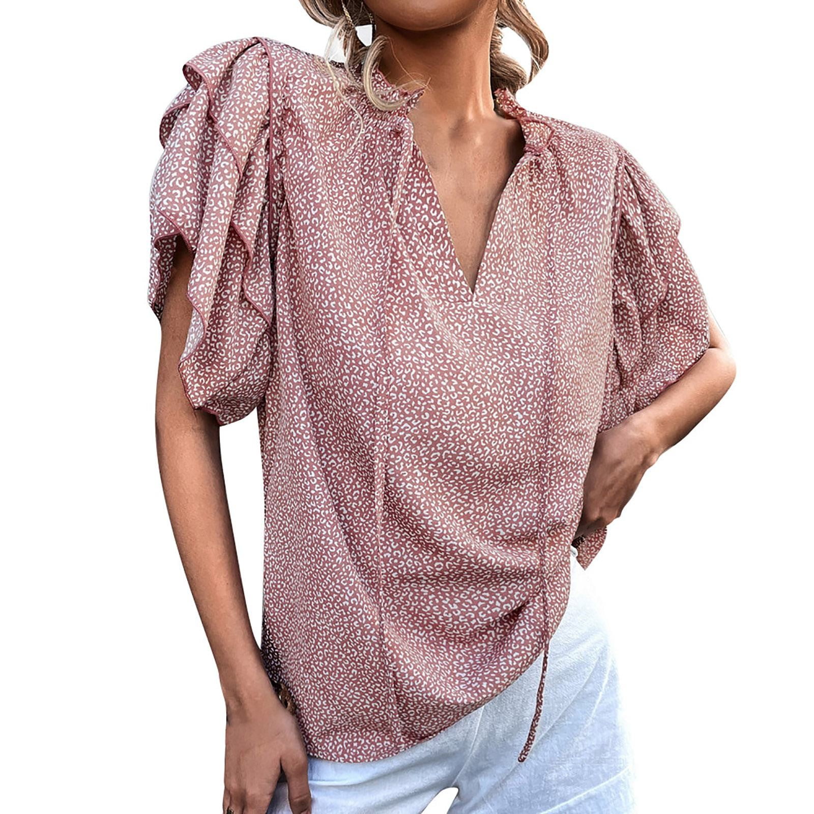 Casual Shirts for Women Casual Tiered Bell Sleeve V Neck Tie Leopard